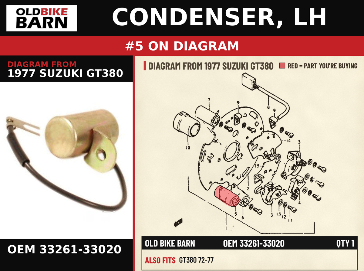 CONDENSER, LH OEM 33261-33020 diagram #5 from 1977 SUZUKI GT380 | Old Bike Barn
