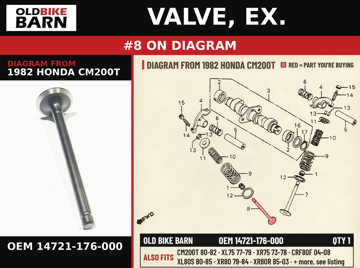 VALVE, EX. OEM 14721-176-000 diagram #8 from 1982 HONDA CM200T | Old Bike Barn