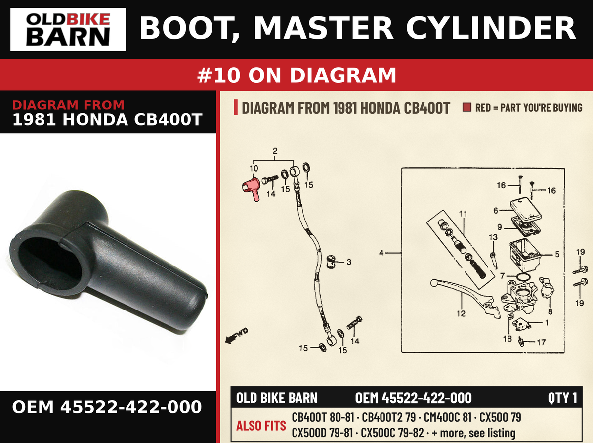 BOOT, MASTER CYLINDER OEM 45522-422-000 diagram #10 from 1981 HONDA CB400T | Old Bike Barn