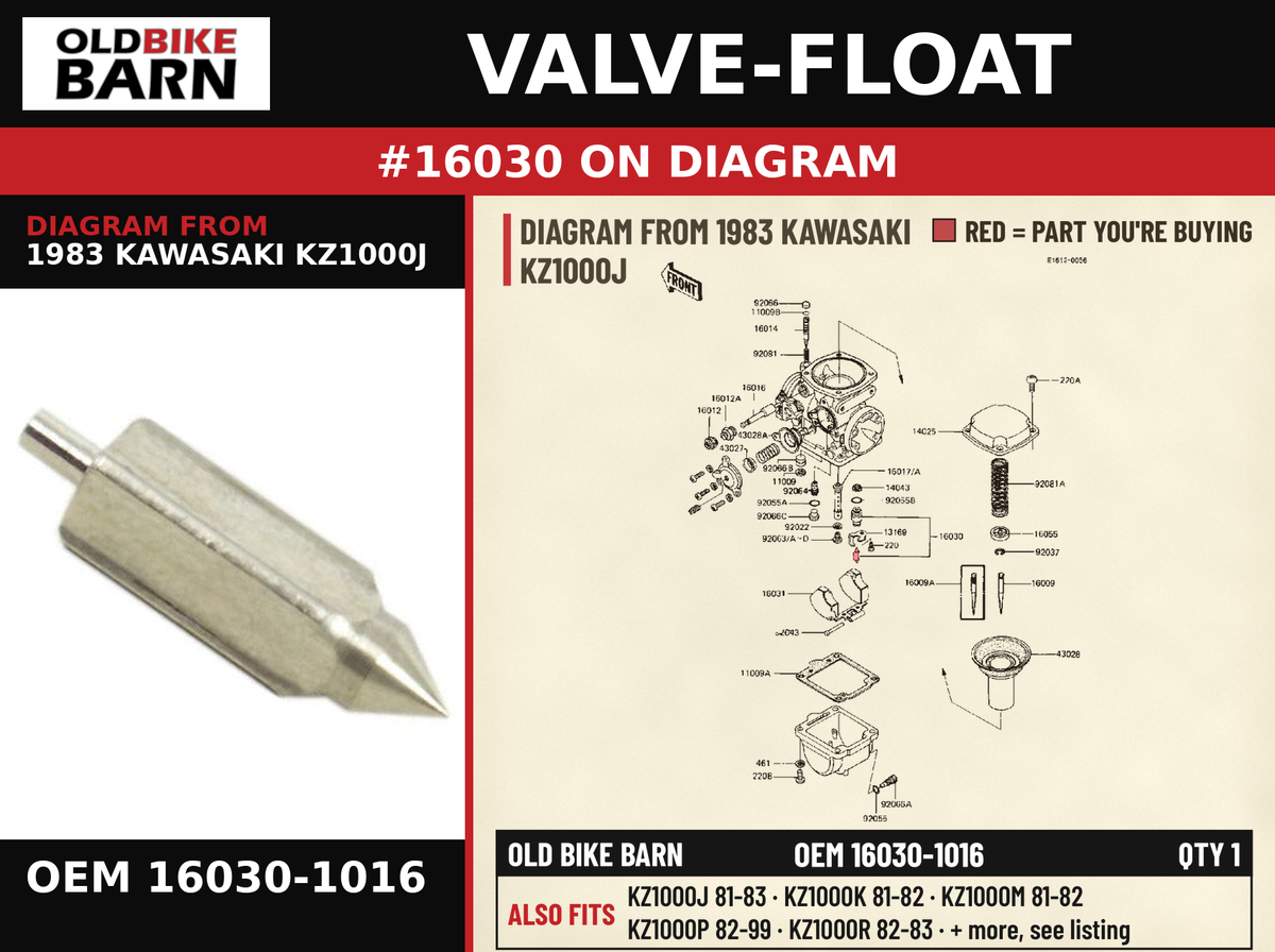 VALVE-FLOAT OEM 16030-1016 diagram #16030 from 1983 KAWASAKI KZ1000J | Old Bike Barn