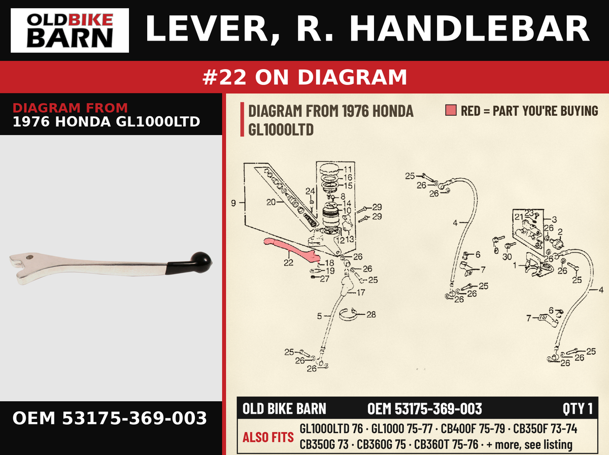 LEVER, R. HANDLEBAR OEM 53175-369-003 diagram #22 from 1976 HONDA GL1000LTD | Old Bike Barn