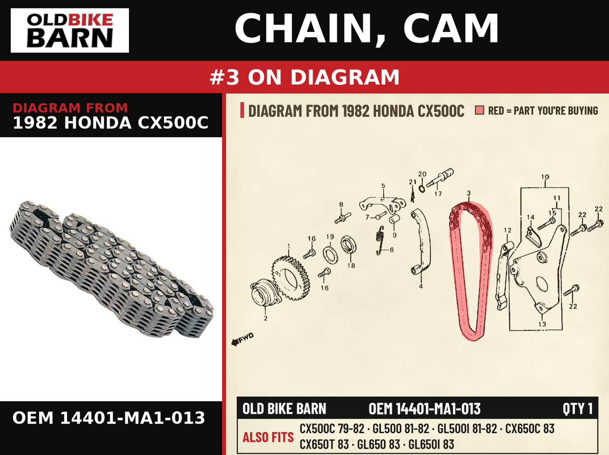 CHAIN, CAM OEM 14401-MA1-013 diagram #3 from 1982 HONDA CX500C | Old Bike Barn