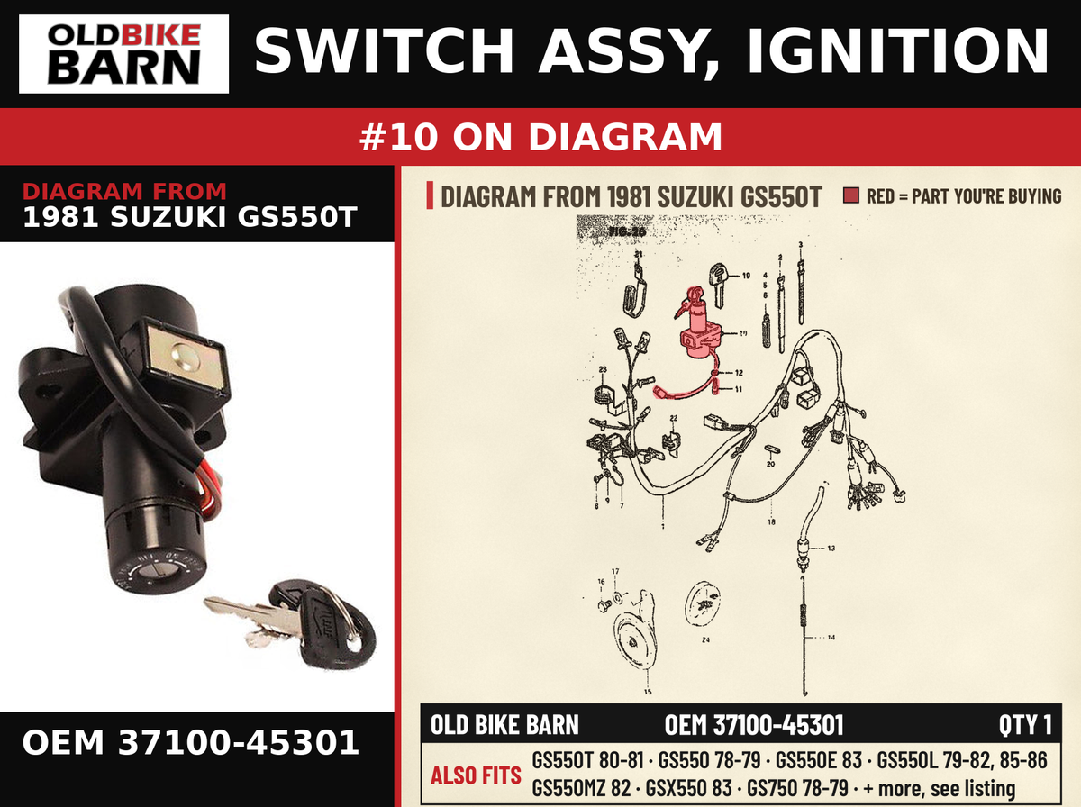 SWITCH ASSY, IGNITION OEM 37100-45301 diagram #10 from 1981 SUZUKI GS550T | Old Bike Barn