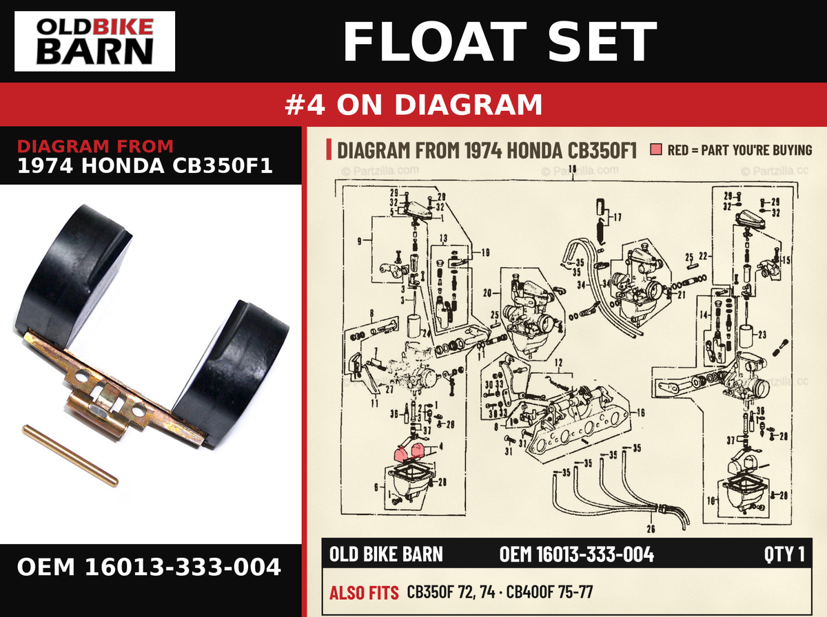 FLOAT SET OEM 16013-333-004 diagram #4 from 1974 HONDA CB350F1 | Old Bike Barn