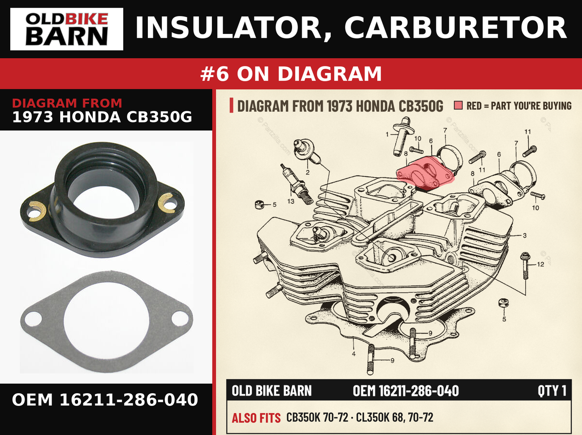 INSULATOR, CARBURETOR OEM 16211-286-040 diagram #6 from 1973 HONDA CB350G | Old Bike Barn