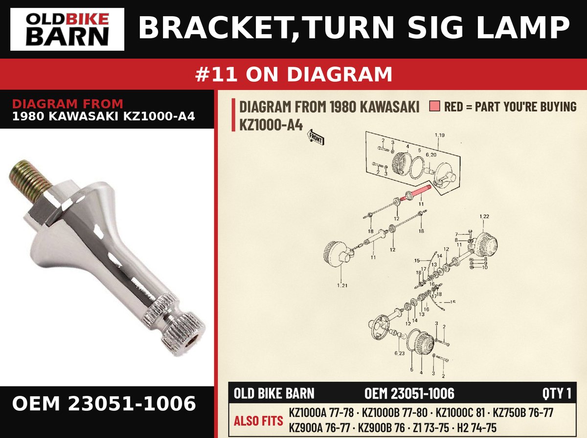 BRACKET,TURN SIG LAMP OEM 23051-1006 diagram #11 from 1980 KAWASAKI KZ1000-A4 | Old Bike Barn
