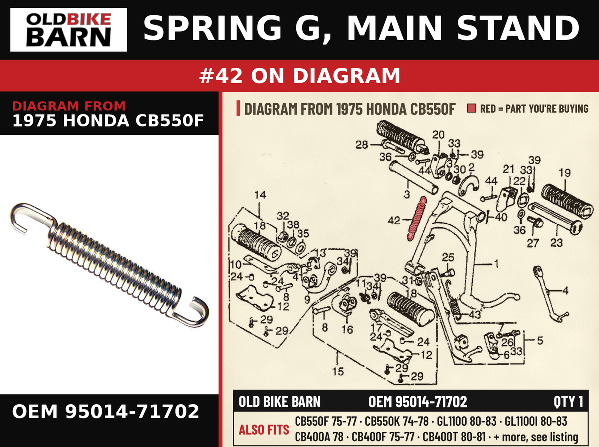 SPRING G, MAIN STAND OEM 95014-71702 diagram #42 from 1975 HONDA CB550F | Old Bike Barn