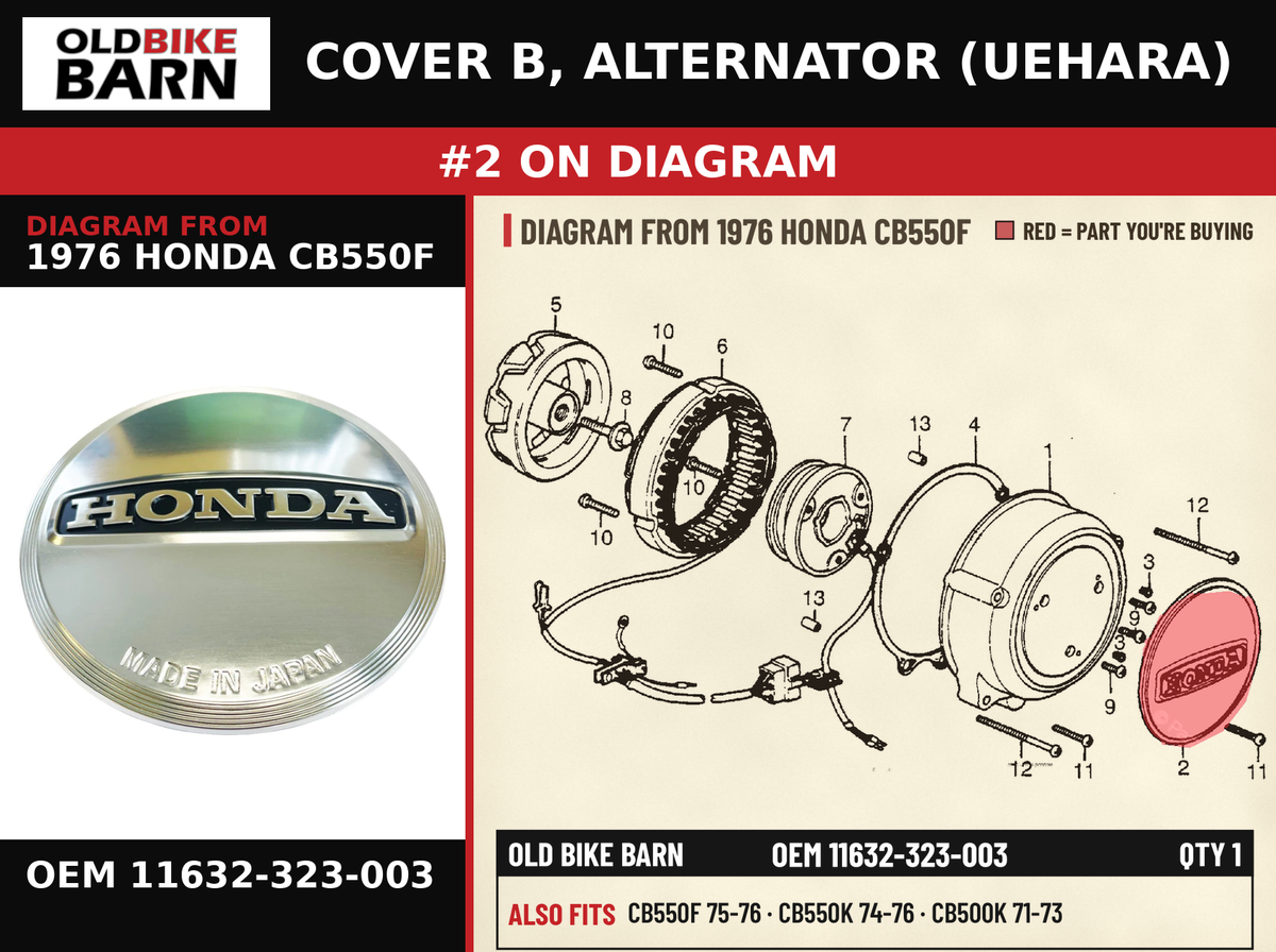 COVER B, ALTERNATOR (UEHARA) OEM 11632-323-003 diagram #2 from 1976 HONDA CB550F | Old Bike Barn