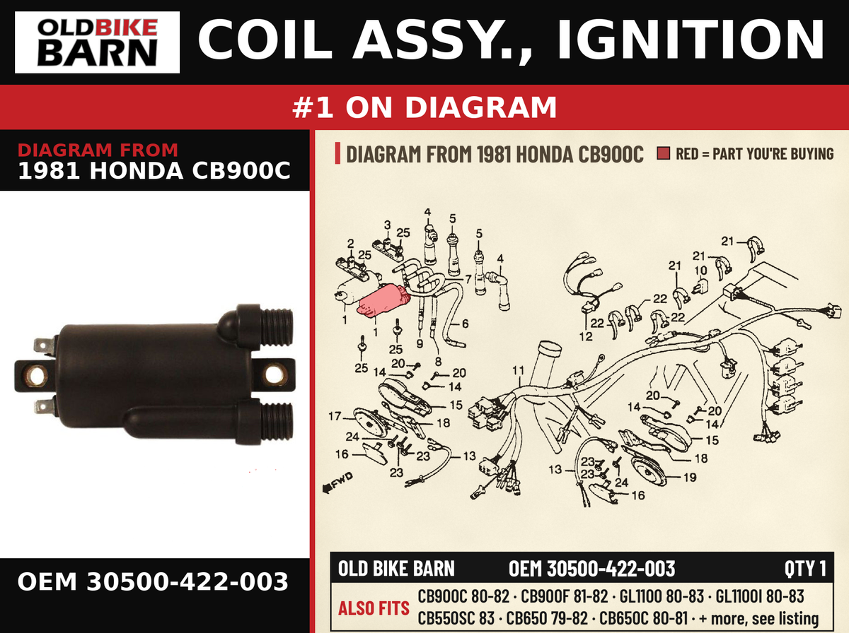 COIL ASSY., IGNITION OEM 30500-422-003 diagram #1 from 1981 HONDA CB900C | Old Bike Barn