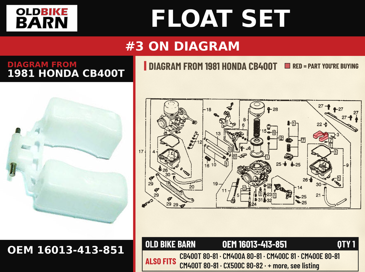 FLOAT SET OEM 16013-413-851 diagram #3 from 1981 HONDA CB400T | Old Bike Barn