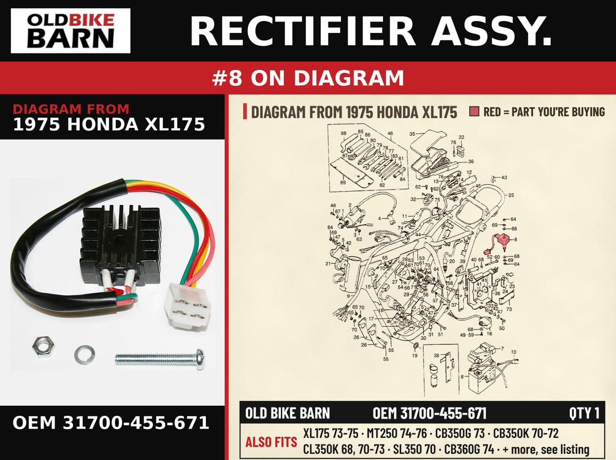 RECTIFIER ASSY. OEM 31700-455-671 diagram #8 from 1975 HONDA XL175 | Old Bike Barn