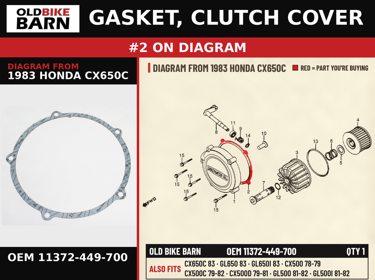 GASKET, CLUTCH COVER OEM 11372-449-700 diagram #2 from 1983 HONDA CX650C | Old Bike Barn
