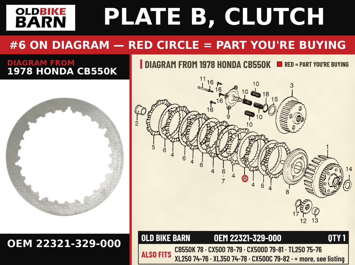 PLATE B, CLUTCH OEM 22321-329-000 diagram #6 from 1978 HONDA CB550K | Old Bike Barn