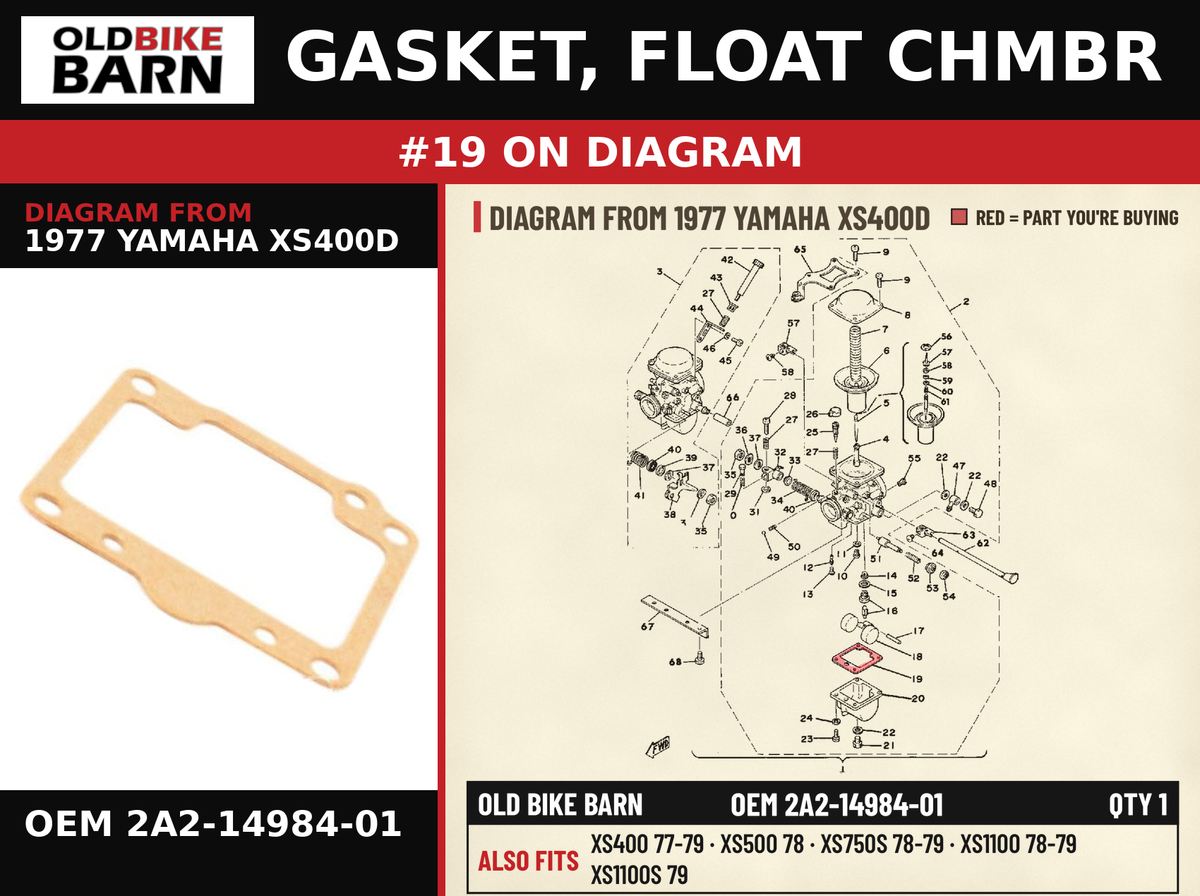 GASKET, FLOAT CHMBR OEM 2A2-14984-01 diagram #19 from 1977 YAMAHA XS400D | Old Bike Barn