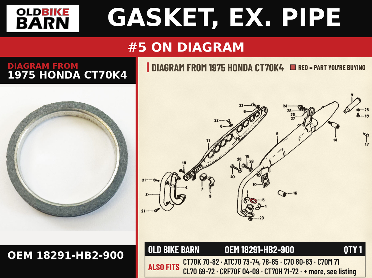 GASKET, EX. PIPE OEM 18291-HB2-900 diagram #5 from 1975 HONDA CT70K4 | Old Bike Barn