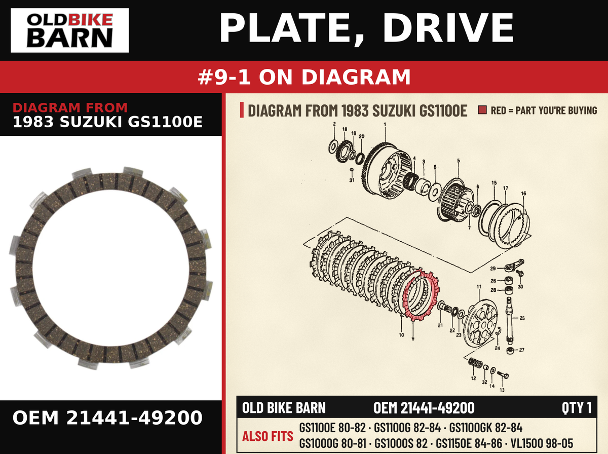 PLATE, DRIVE OEM 21441-49200 diagram #9-1 from 1983 SUZUKI GS1100E | Old Bike Barn