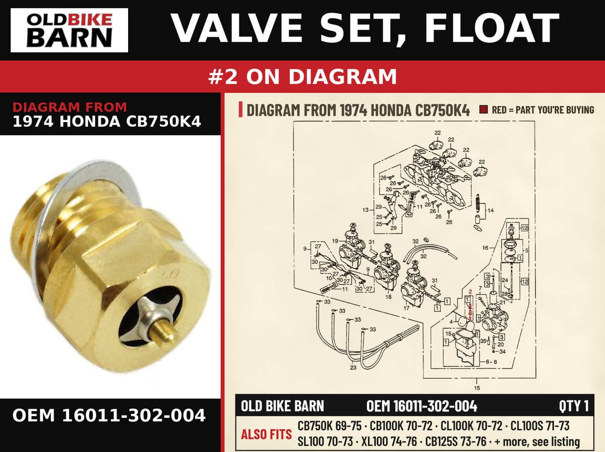 VALVE SET, FLOAT OEM 16011-302-004 diagram #2 from 1974 HONDA CB750K4 | Old Bike Barn