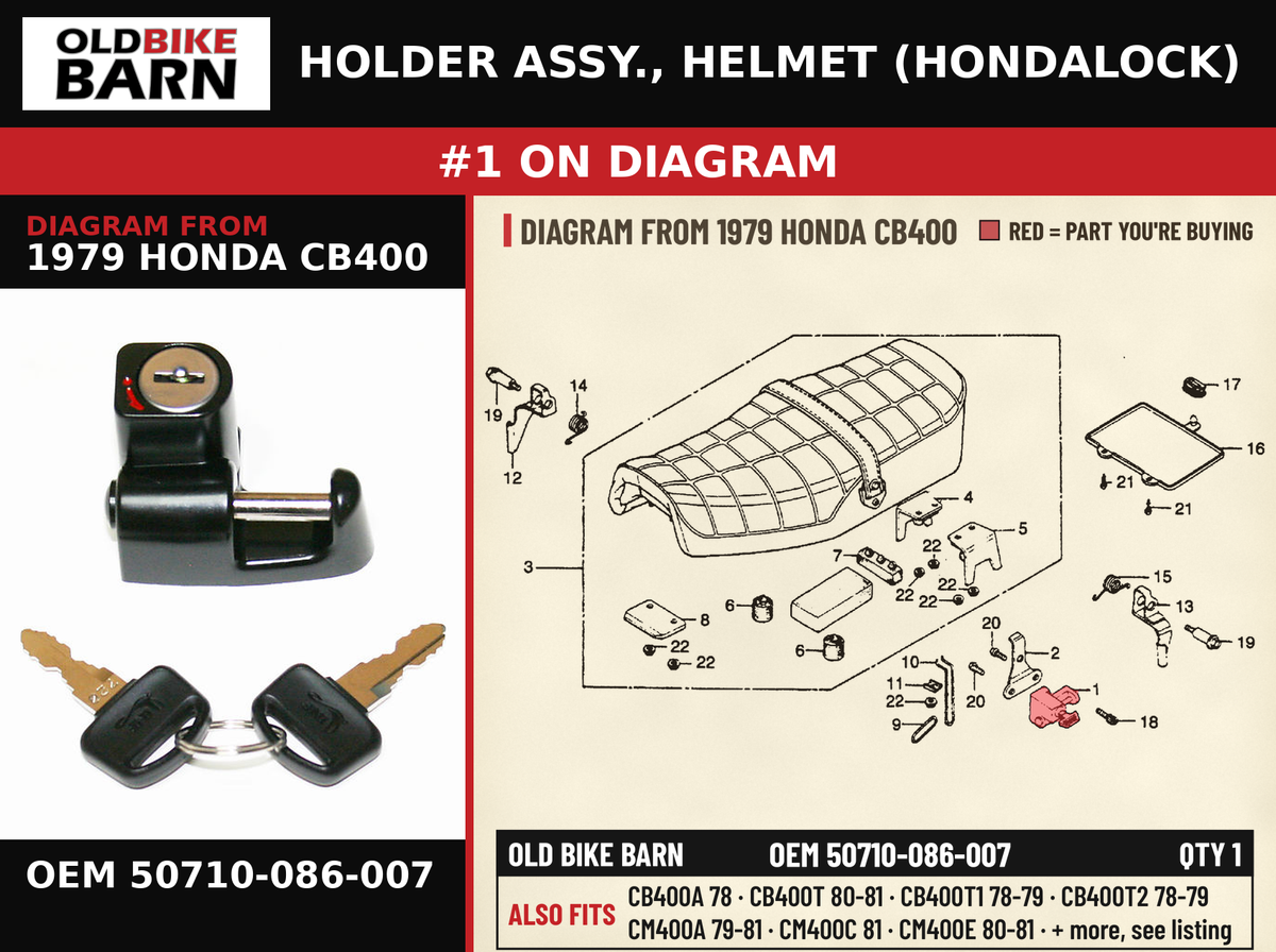 HOLDER ASSY., HELMET (HONDALOCK) OEM 50710-086-007 diagram #1 from 1979 HONDA CB400 | Old Bike Barn