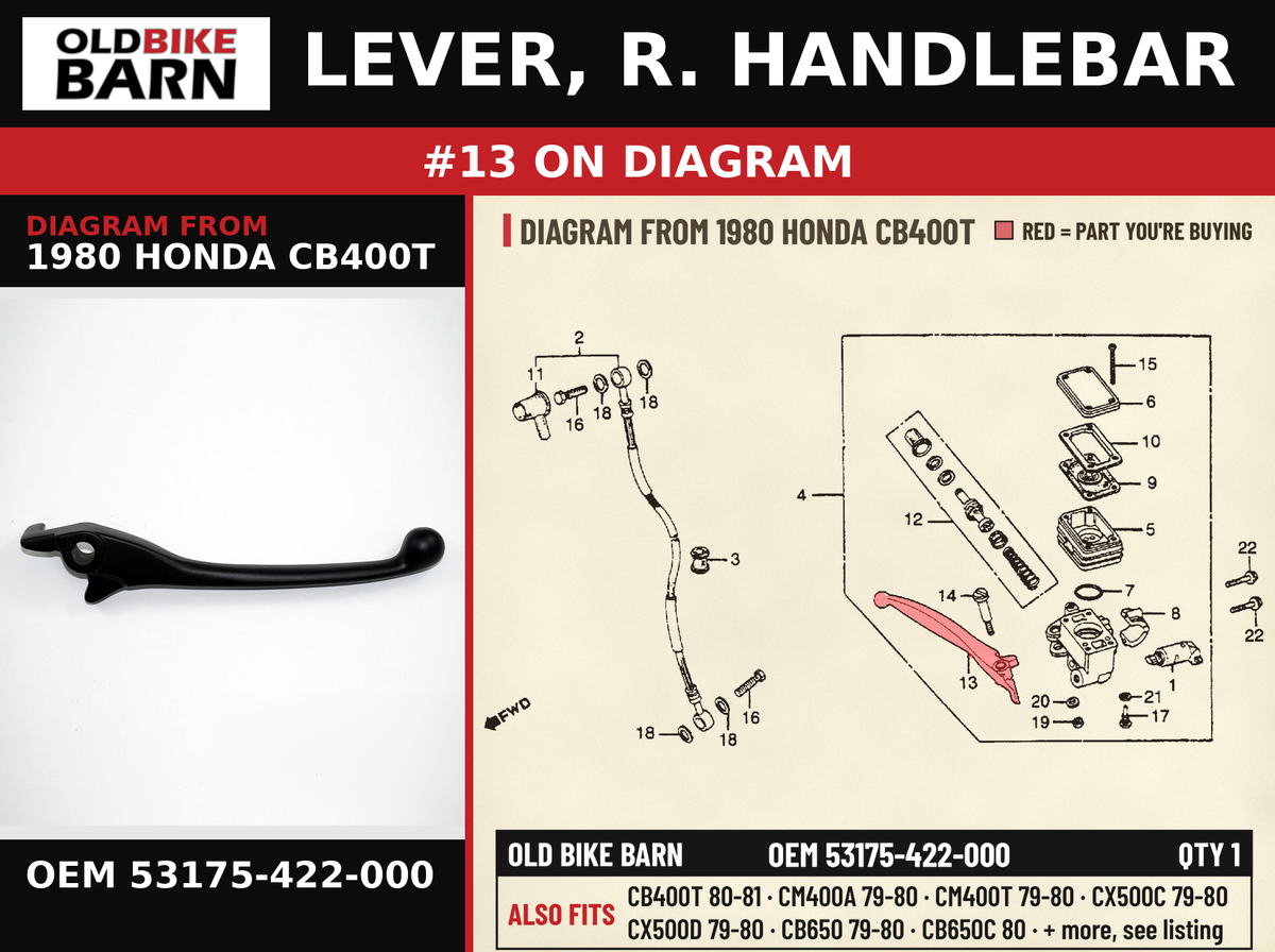 LEVER, R. HANDLEBAR OEM 53175-422-000 diagram #13 from 1980 HONDA CB400T | Old Bike Barn