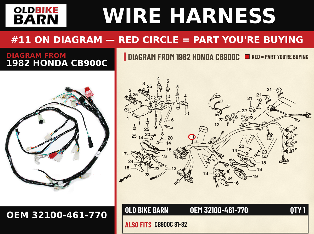 WIRE HARNESS OEM 32100-461-770 diagram #11 from 1982 HONDA CB900C | Old Bike Barn