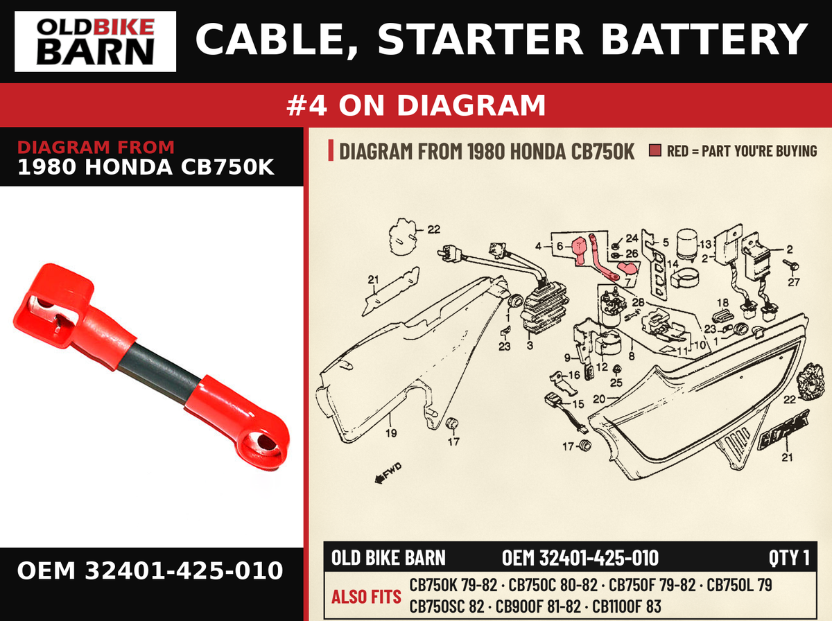 CABLE, STARTER BATTERY OEM 32401-425-010 diagram #4 from 1980 HONDA CB750K | Old Bike Barn
