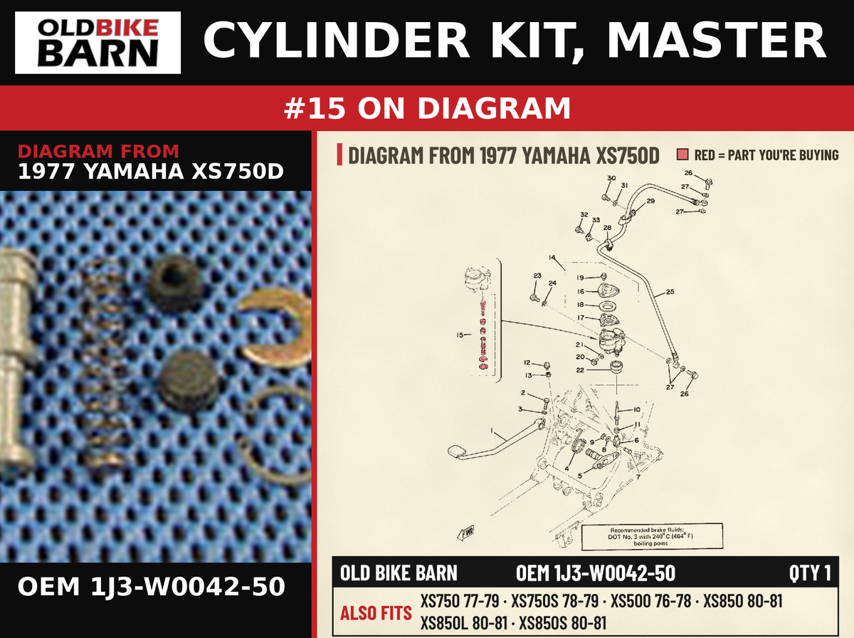 CYLINDER KIT, MASTER OEM 1J3-W0042-50 diagram #15 from 1977 YAMAHA XS750D | Old Bike Barn