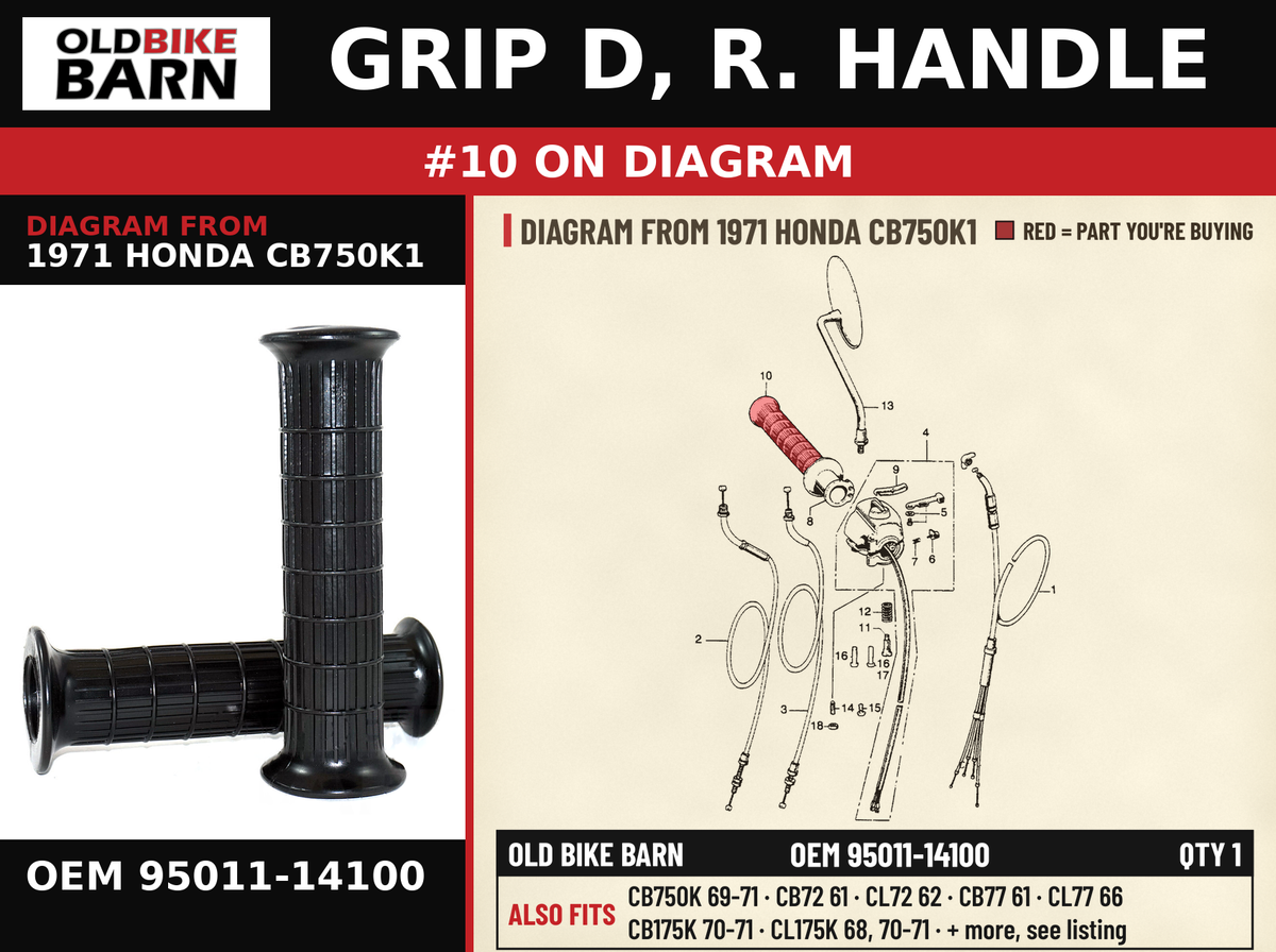 GRIP D, R. HANDLE OEM 95011-14100 diagram #10 from 1971 HONDA CB750K1 | Old Bike Barn