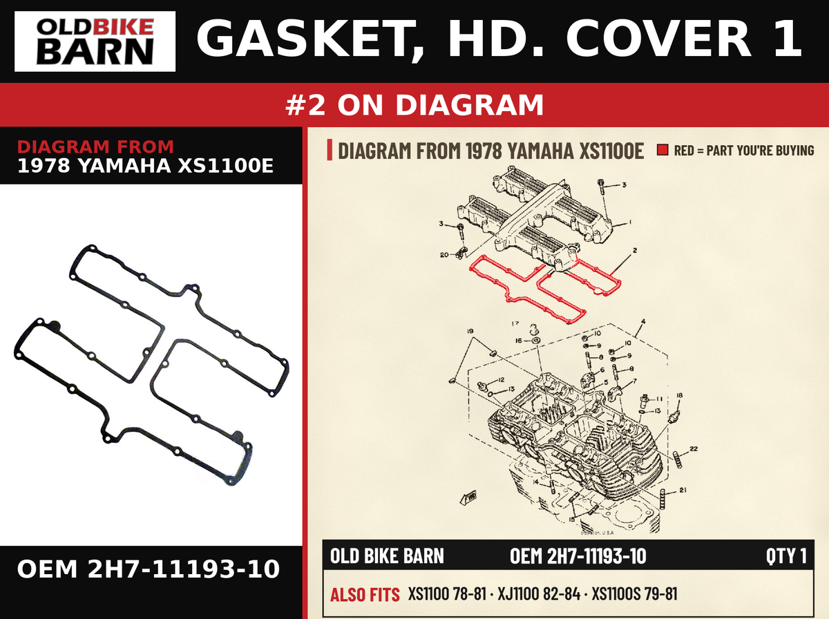 GASKET, HD. COVER 1 OEM 2H7-11193-10 diagram #2 from 1978 YAMAHA XS1100E | Old Bike Barn