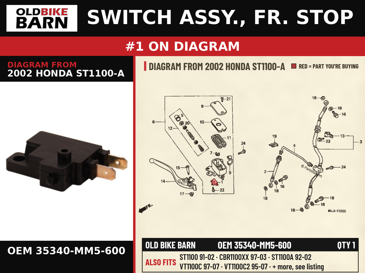 SWITCH ASSY., FR. STOP OEM 35340-MM5-600 diagram #1 from 2002 HONDA ST1100-A | Old Bike Barn