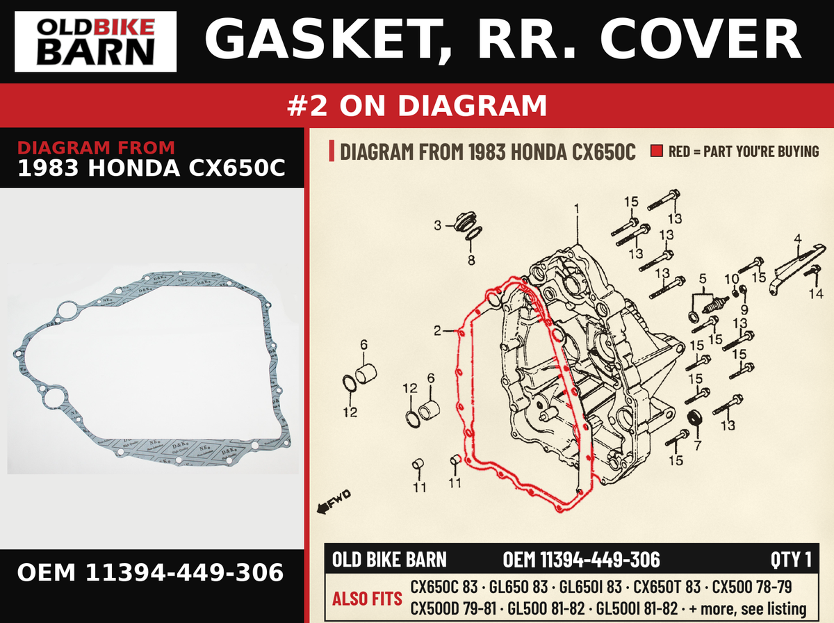 GASKET, RR. COVER OEM 11394-449-306 diagram #2 from 1983 HONDA CX650C | Old Bike Barn