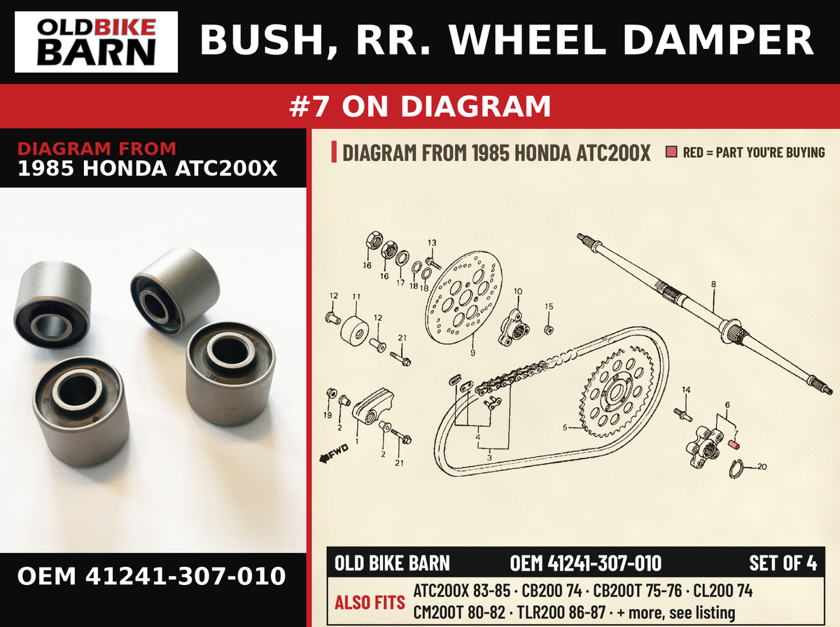 BUSH, RR. WHEEL DAMPER OEM 41241-307-010 diagram #7 from 1985 HONDA ATC200X | Old Bike Barn