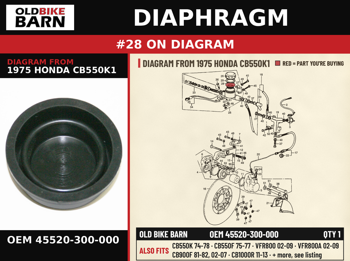 DIAPHRAGM OEM 45520-300-000 diagram #28 from 1975 HONDA CB550K1 | Old Bike Barn