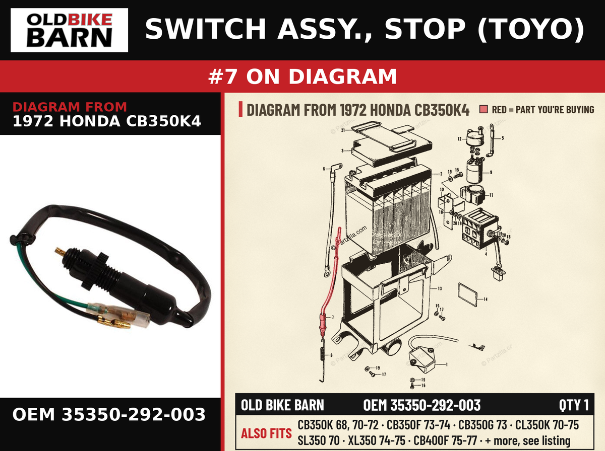 SWITCH ASSY., STOP (TOYO) OEM 35350-292-003 diagram #7 from 1972 HONDA CB350K4 | Old Bike Barn