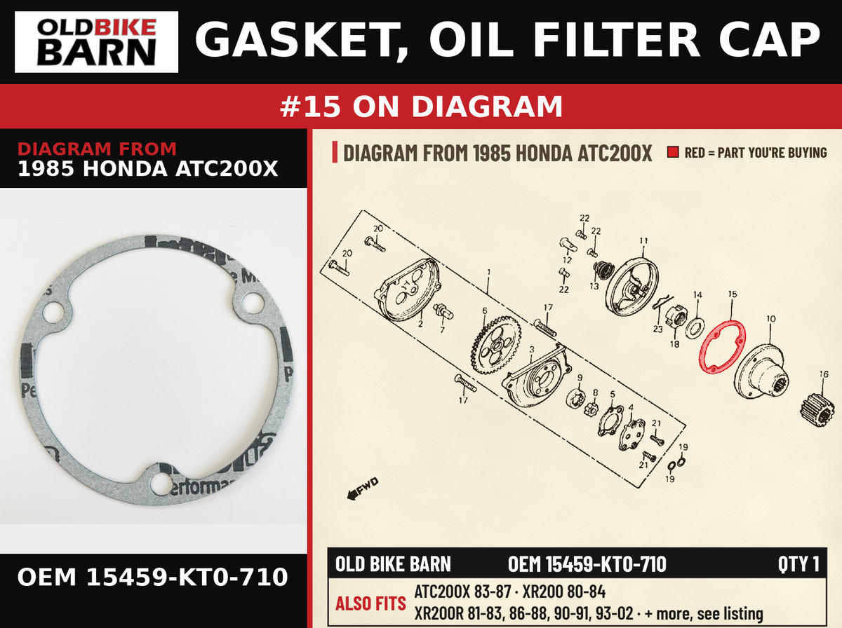 GASKET, OIL FILTER CAP OEM 15459-KT0-710 diagram #15 from 1985 HONDA ATC200X | Old Bike Barn