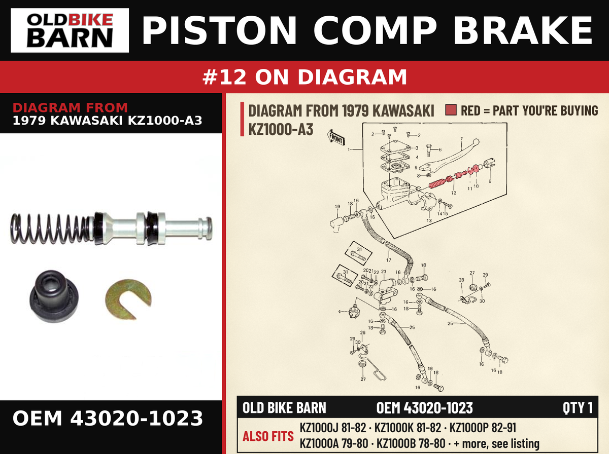 PISTON COMP BRAKE OEM 43020-1023 diagram #12 from 1979 KAWASAKI KZ1000-A3 | Old Bike Barn