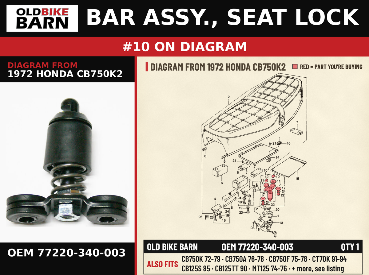 BAR ASSY., SEAT LOCK OEM 77220-340-003 diagram #10 from 1972 HONDA CB750K2 | Old Bike Barn