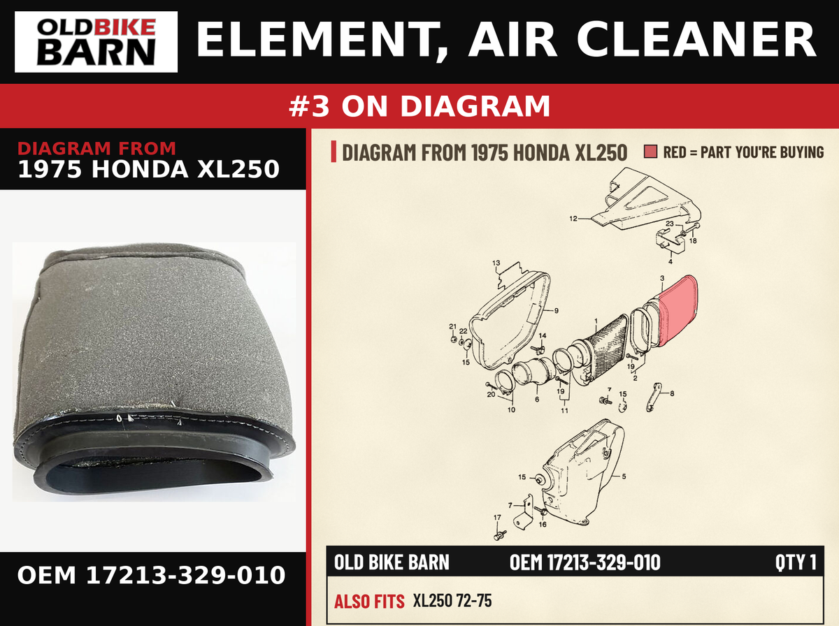 ELEMENT, AIR CLEANER OEM 17213-329-010 diagram #3 from 1975 HONDA XL250 | Old Bike Barn