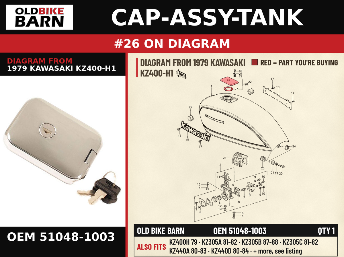 CAP-ASSY-TANK OEM 51048-1003 diagram #26 from 1979 KAWASAKI KZ400-H1 | Old Bike Barn