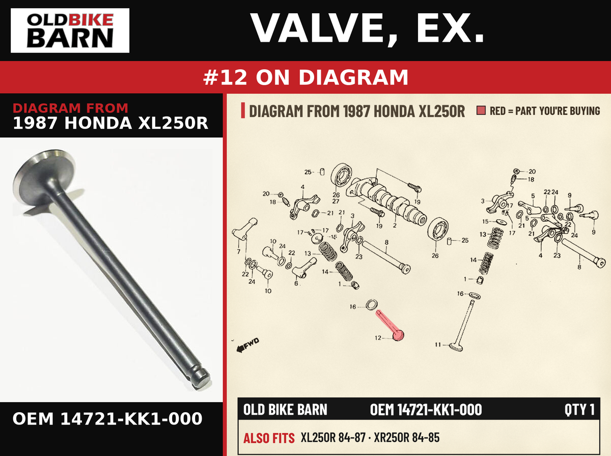 VALVE, EX. OEM 14721-KK1-000 diagram #12 from 1987 HONDA XL250R | Old Bike Barn