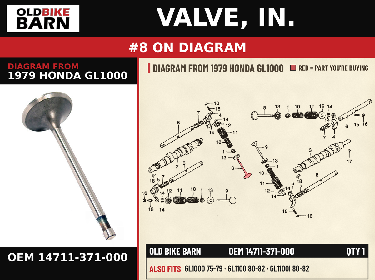 VALVE, IN. OEM 14711-371-000 diagram #8 from 1979 HONDA GL1000 | Old Bike Barn