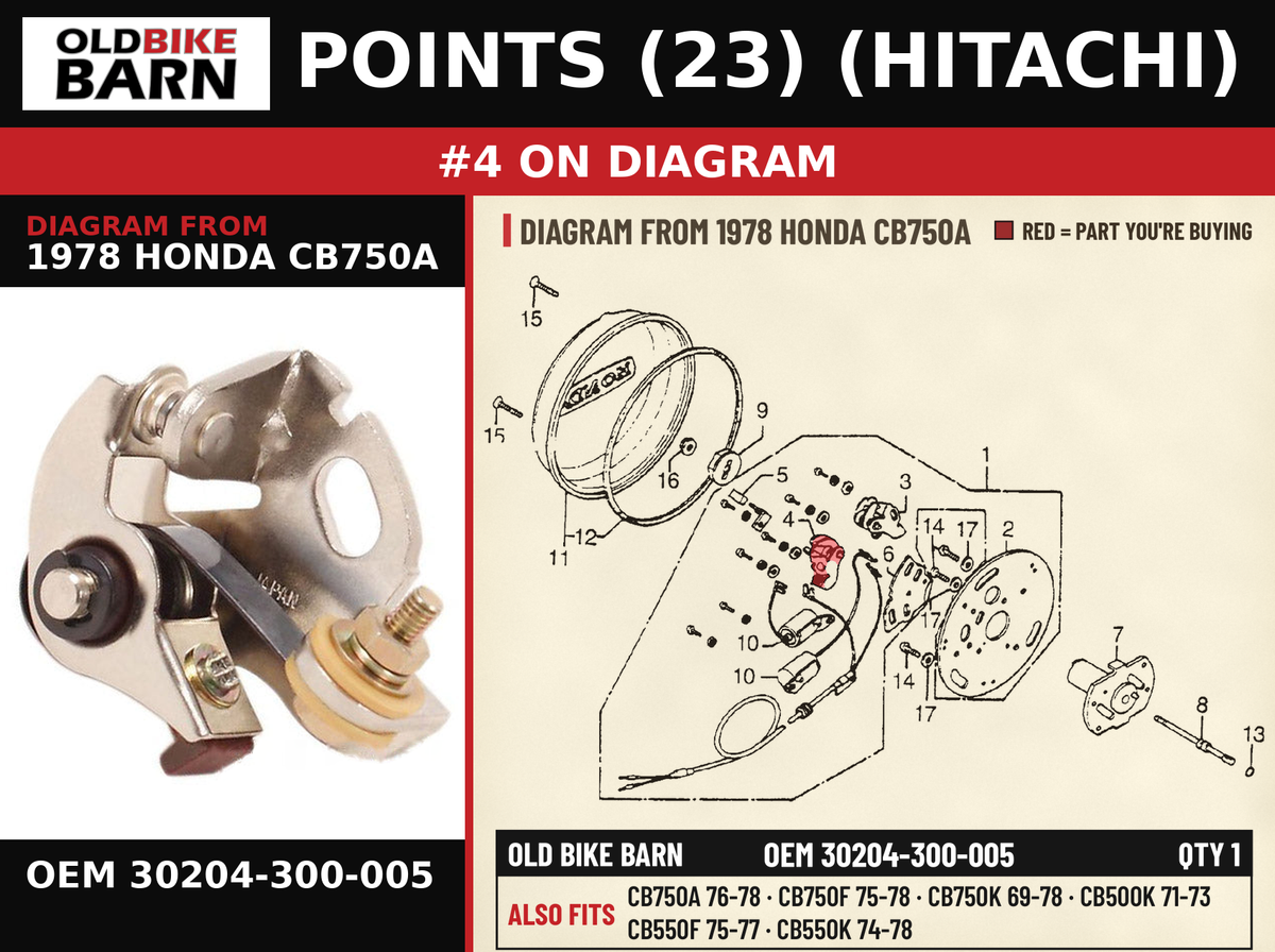 POINTS (23) (HITACHI) OEM 30204-300-005 diagram #4 from 1978 HONDA CB750A | Old Bike Barn