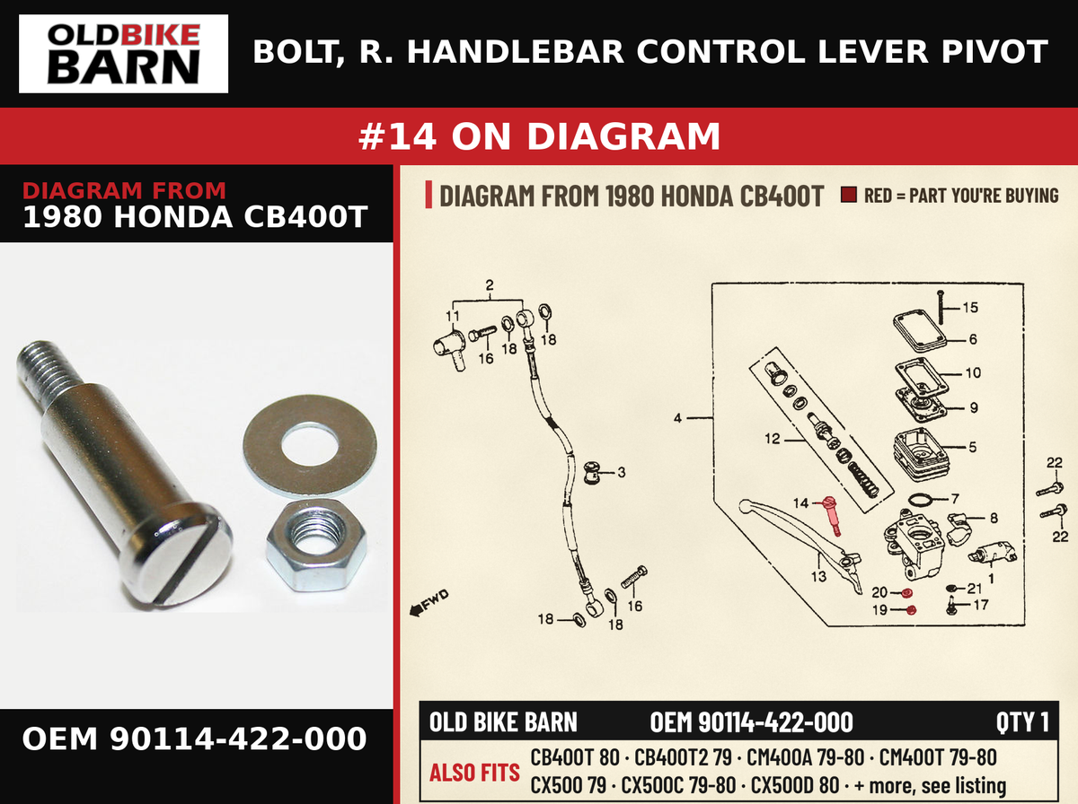 BOLT, R. HANDLEBAR CONTROL LEVER PIVOT OEM 90114-422-000 diagram #14 from 1980 HONDA CB400T | Old Bike Barn