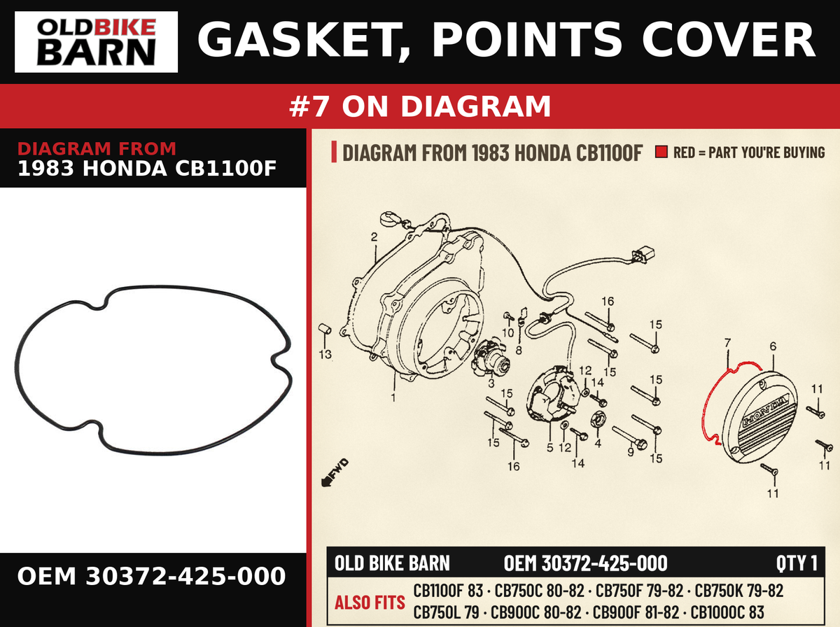GASKET, POINTS COVER OEM 30372-425-000 diagram #7 from 1983 HONDA CB1100F | Old Bike Barn