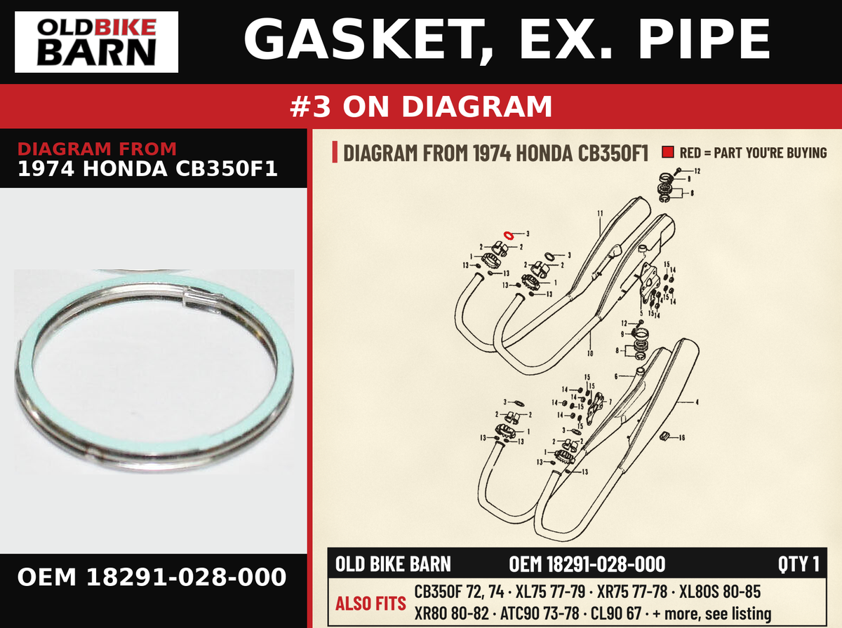 GASKET, EX. PIPE OEM 18291-028-000 diagram #3 from 1974 HONDA CB350F1 | Old Bike Barn