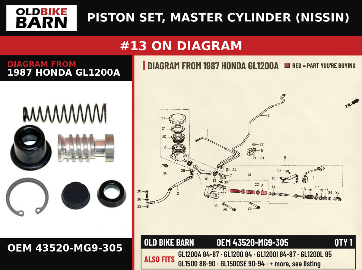 PISTON SET, MASTER CYLINDER (NISSIN) OEM 43520-MG9-305 diagram #13 from 1987 HONDA GL1200A | Old Bike Barn