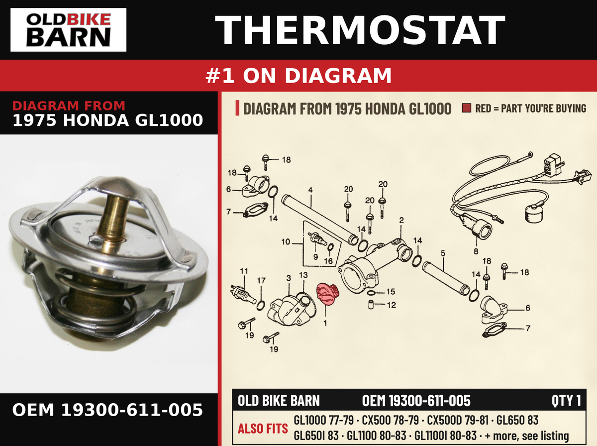 THERMOSTAT OEM 19300-611-005 diagram #1 from 1975 HONDA GL1000 | Old Bike Barn