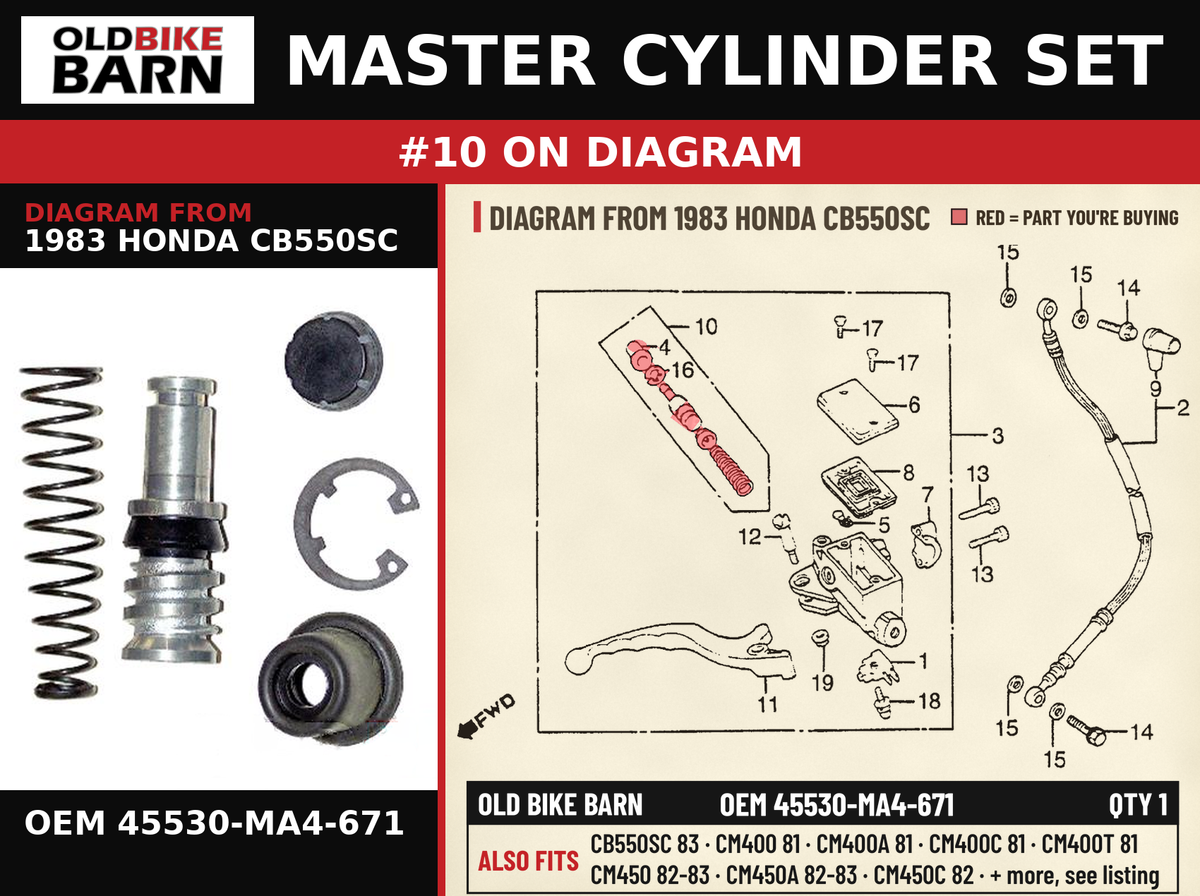 MASTER CYLINDER SET OEM 45530-MA4-671 diagram #10 from 1983 HONDA CB550SC | Old Bike Barn