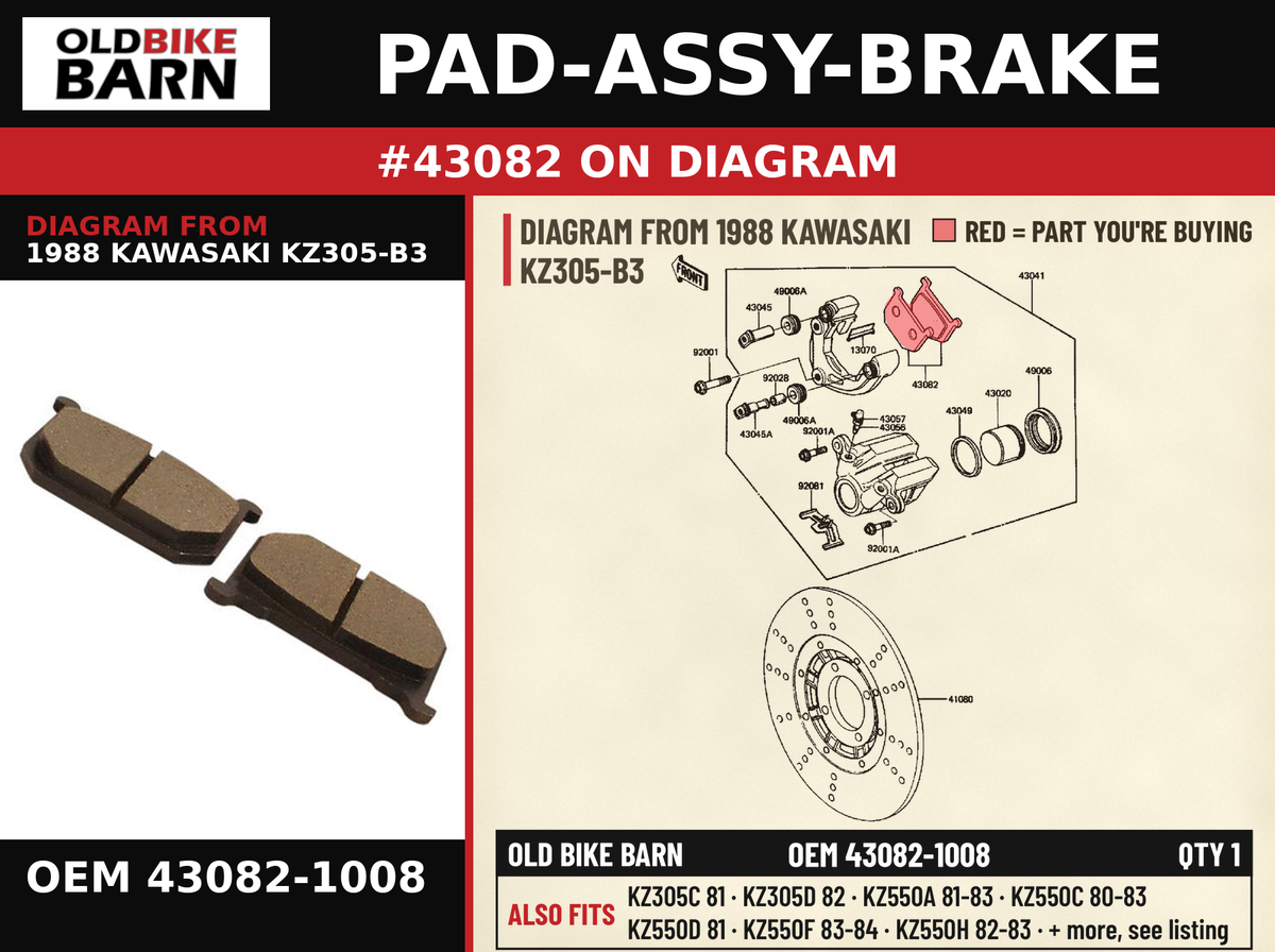 PAD-ASSY-BRAKE OEM 43082-1008 diagram #43082 from 1988 KAWASAKI KZ305-B3 | Old Bike Barn