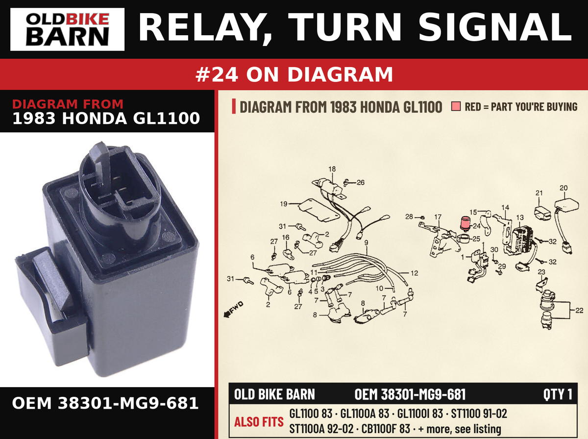 RELAY, TURN SIGNAL OEM 38301-MG9-681 diagram #24 from 1983 HONDA GL1100 | Old Bike Barn