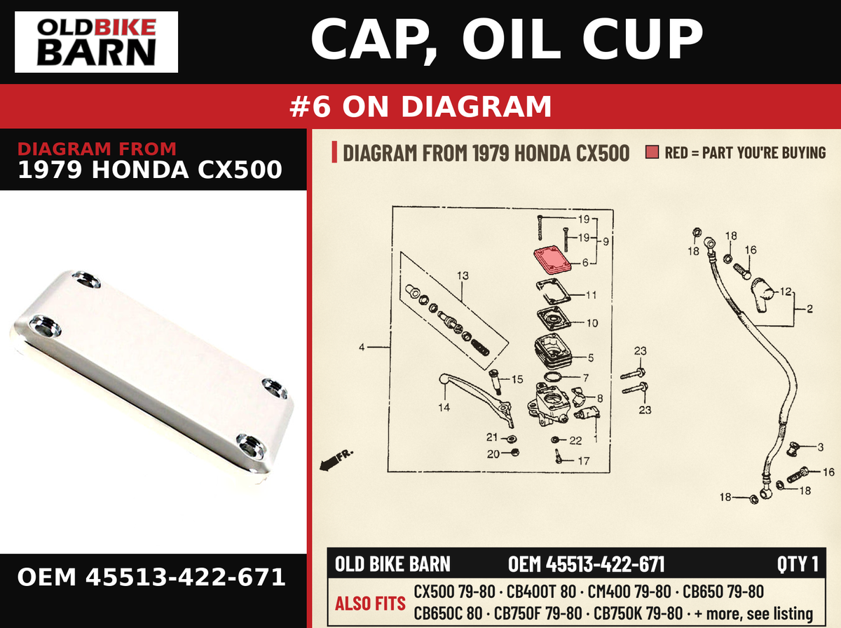 CAP, OIL CUP OEM 45513-422-671 diagram #6 from 1979 HONDA CX500 | Old Bike Barn